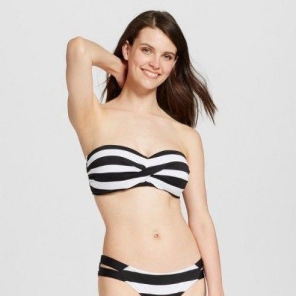 black and white striped bandeau bikini